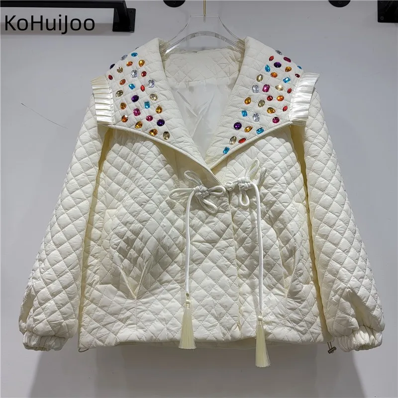 

Зимнее пальто KoHuiJoo для женщин, тяжелая Роскошная модная однотонная клетчатая хлопковая куртка, бриллиантовый матросский воротник, свободн...