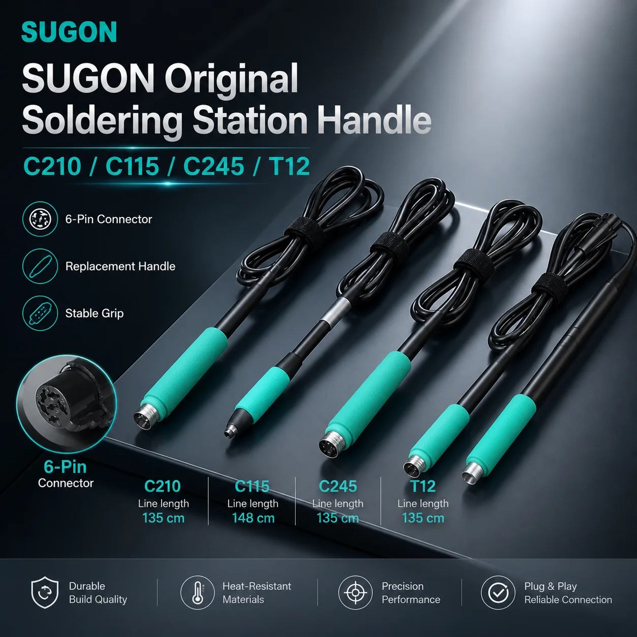 Фото Ручка паяльника SUGON для наконечников T12, T15, T210, T245, C115, C210, C245, сменный инструмент для паяльной станции №1