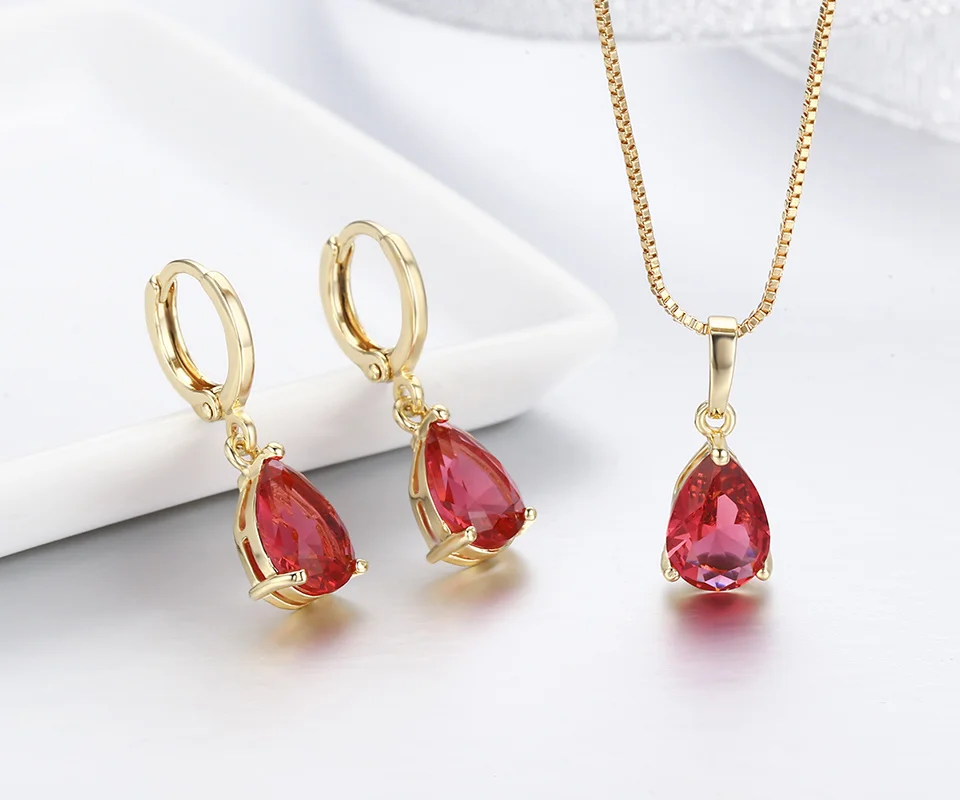 Cute Yellow Gold Color Pear Rose Red CZ Small Teardrop Drop Earrings Pendant Necklace Jewelry Sets For Women Girls 18" Aros - купить по
