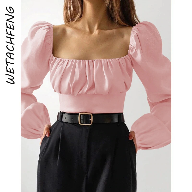 

2022 Fahsion Pink Long Lantern Sleeve Folds Sexy Blouses Women Summer Elegant Chic Tank Tops Mujer Y2K Streetwear T Shirt Blusas