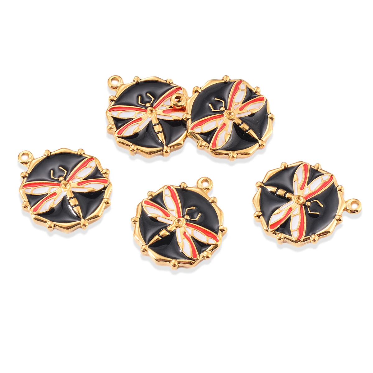 5pcs Stainless Steel Round Dragonfly Dot Diamond Gold Color Pendant Earring Necklace Charms Jewellery Making Supplies Wholesale