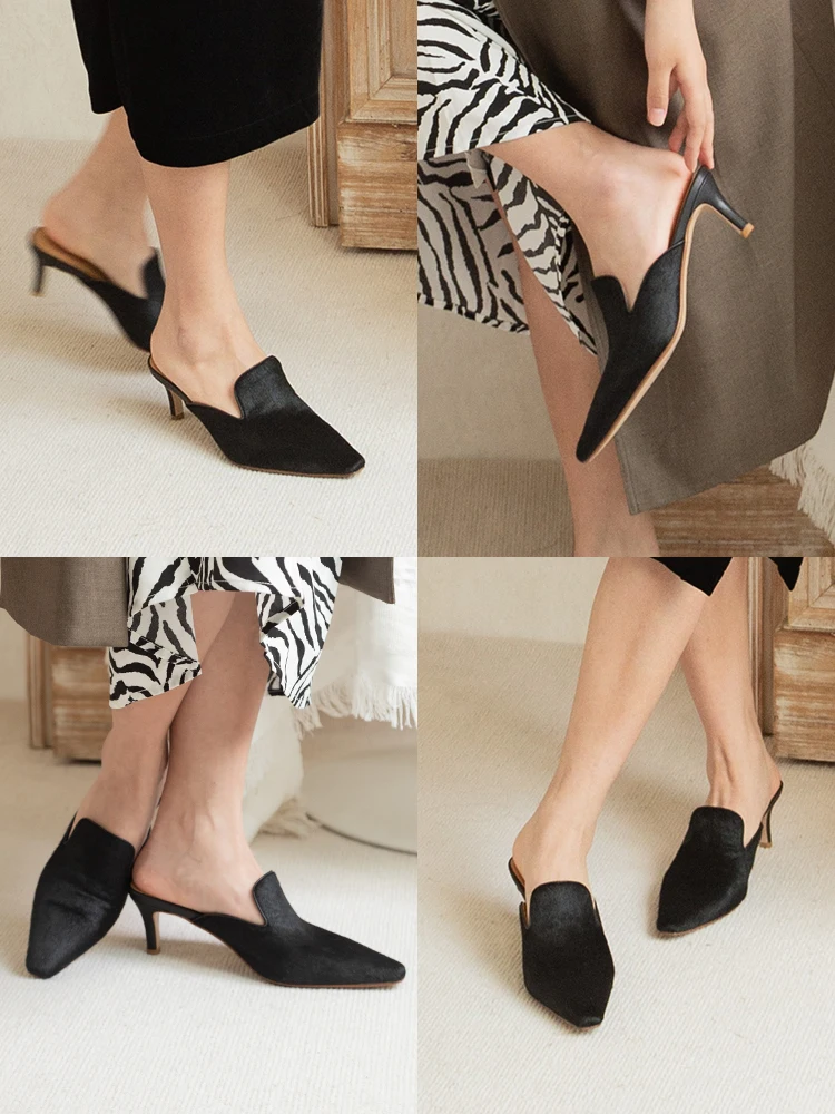 Винтажные туфли без задника из натуральной кожи на шпильке черные сандалии в