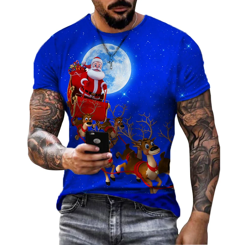 

Cute Santa Claus with Deer Graphic Tee Shirt Merry Christmas 3D Printed T Shirt Men Women Kids Boys Xmas T-shirt Casual Clothing
