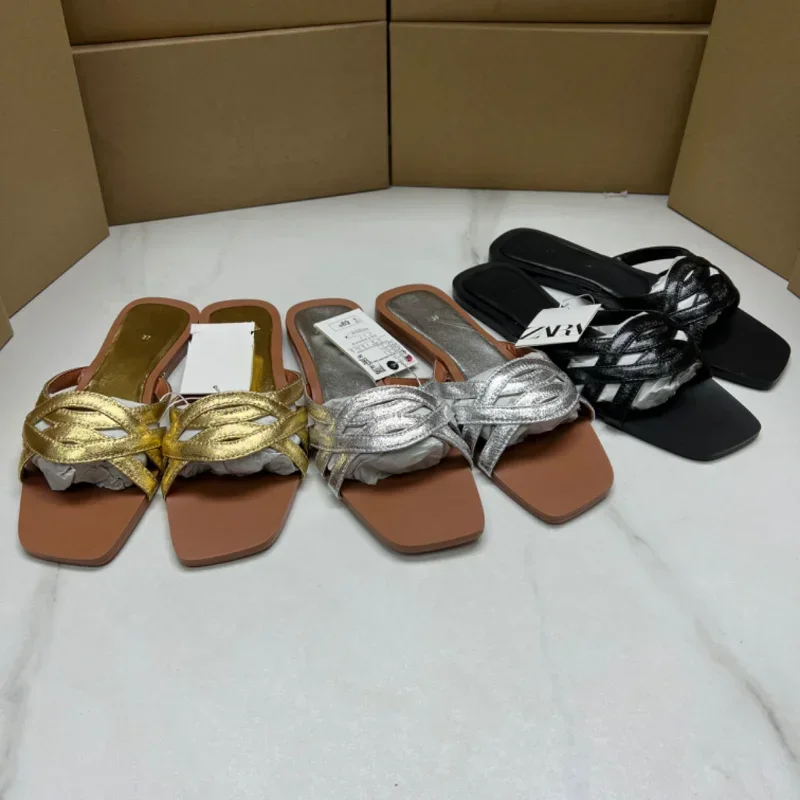 Женские шлепанцы на плоской подошве пляжные с перекрестными ремешками дышащие