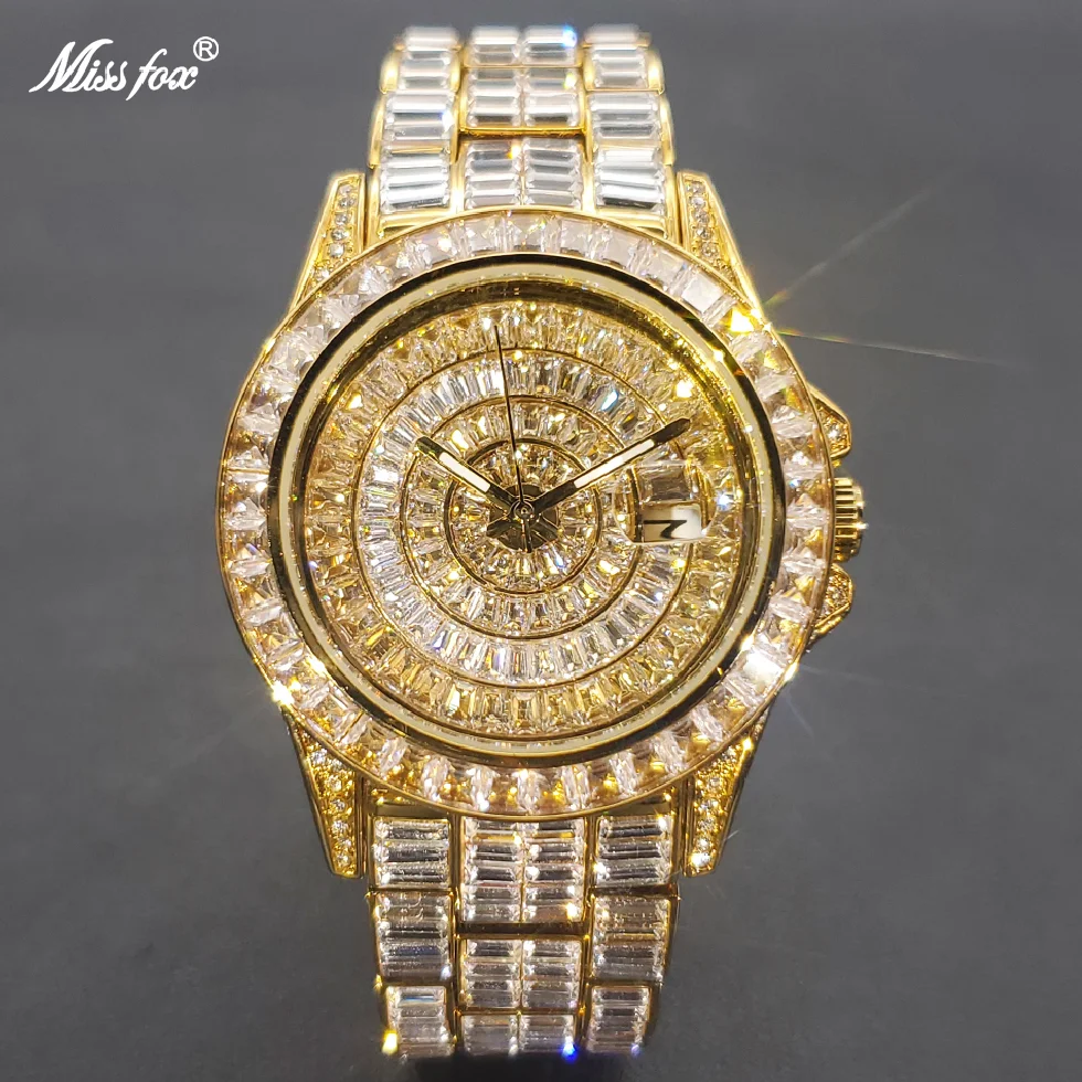 

MISSFOX Full Diamond Men Watches Gold Original Design Stainless Steel Automatic Date Watch Luxury Quartz Luminous Clock 2022 New