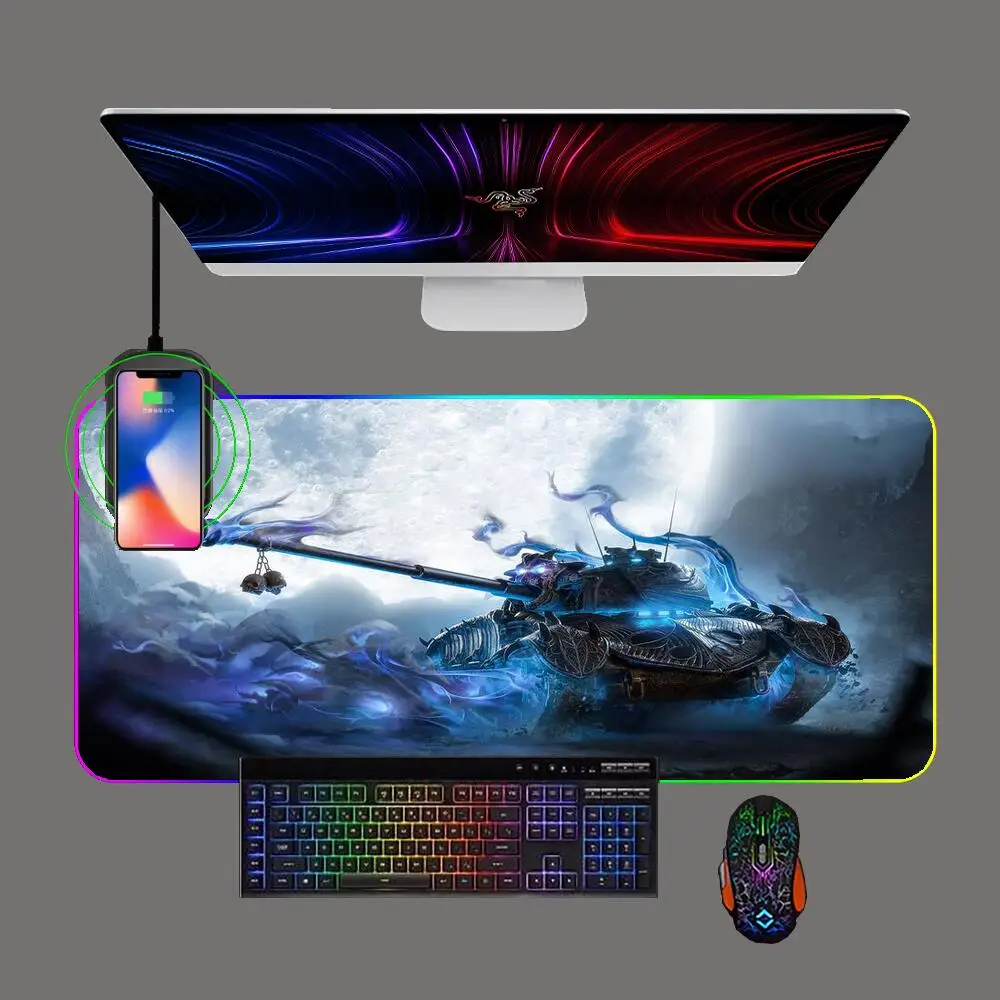 

RGB World Tank War Game Big Mouse Pad LED Phone Wireless Charging Backlit Luminescence Pc Keyboard Mat Computer Office Mousepad