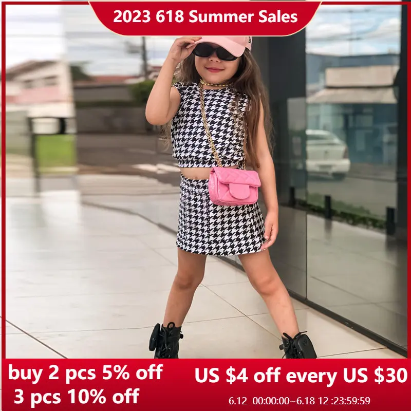

Summer Girls Sets New Casual Sleeveless Plaid Tank Top A-Line Skirt Suits Children Clothes Set for Girl