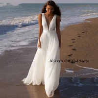 beach bridal wedding dresses for women sleeveless v neckline boho bride gown backless 2022 flowy bridal robes de mari%c3%a9e