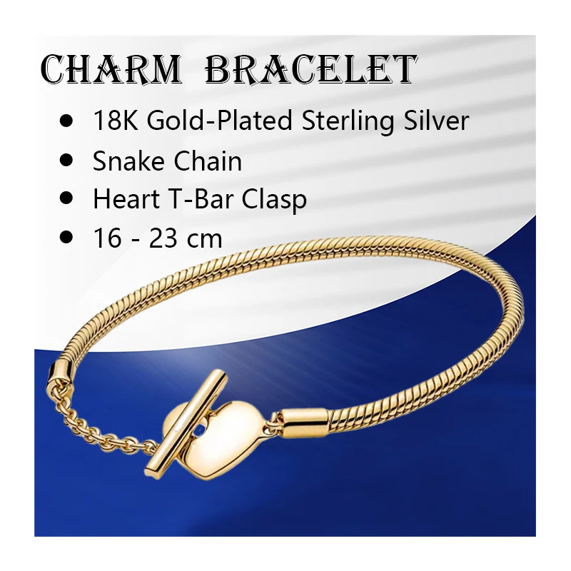 

Wrist Charm Bracelets For Women Fine Jewelry 18K Shine Gold 925 Sterling Silver Original Snake Chain Link T Bar Logo Heart Clasp