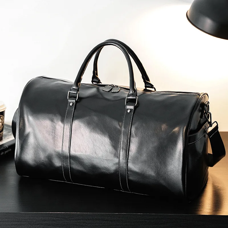 Business PU Leather Men Handbag Large Capacity Travel Bag Casual Shoulder Bag Male Portable Luggage bag All Black Duffel Bag