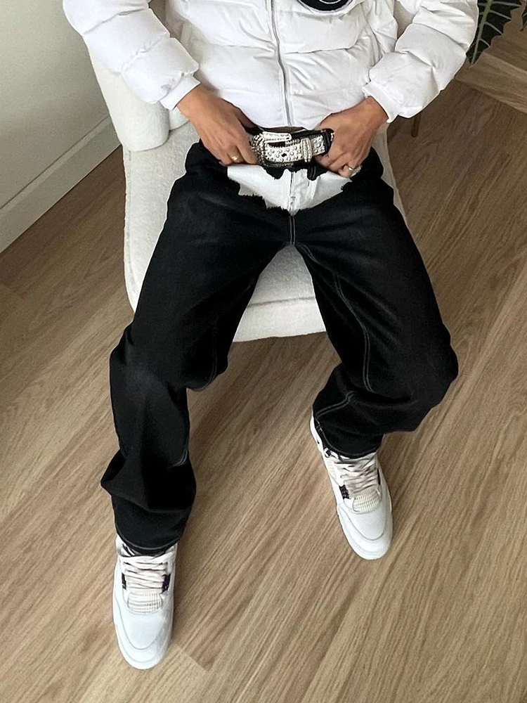 Hot Sale Printed Black Jeans For Men Y2K Fashion Graphic Painted Baggy Casual Trousers Loose Straight Leg Cotton Denim Pants New