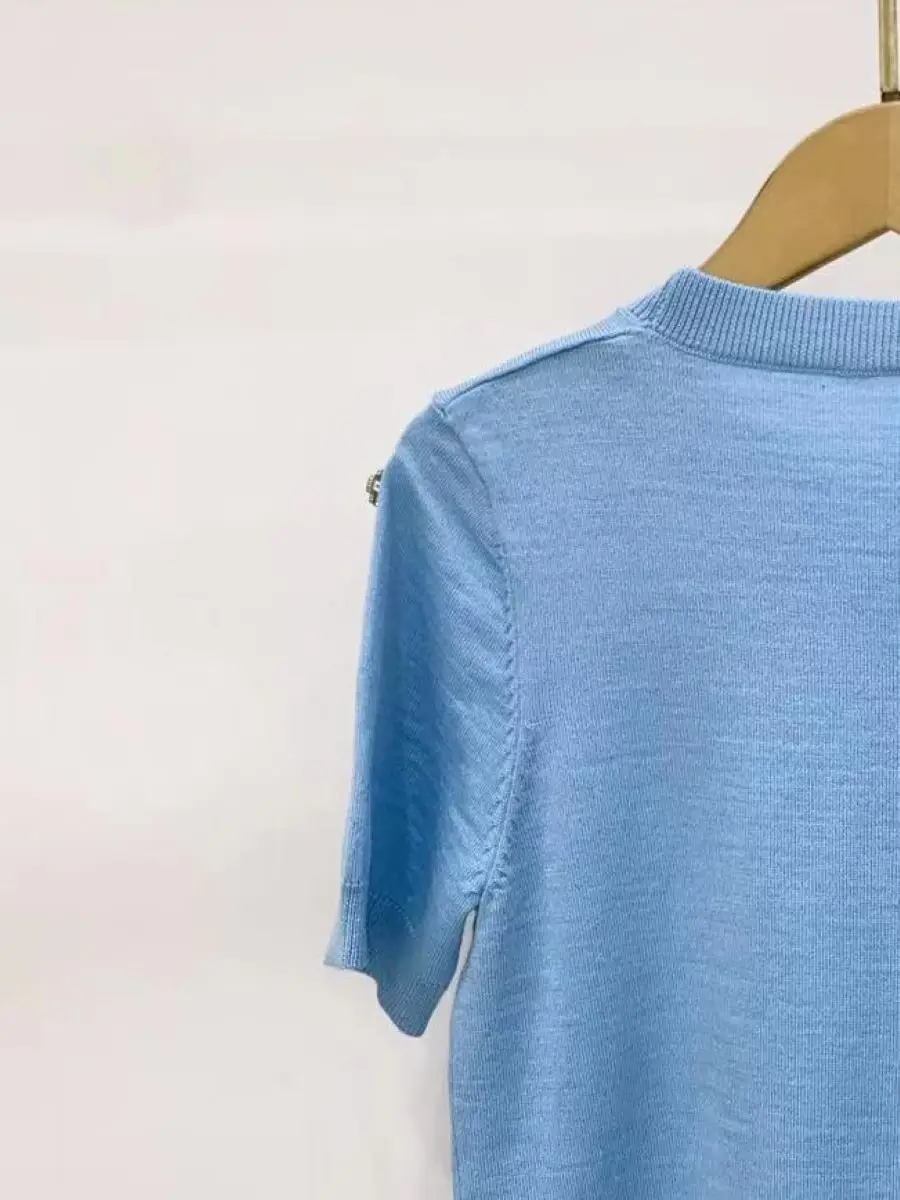 

Women's Sweater Metal Decoration Short Sleeve O-Neck Sweet 100% Wool Pullover