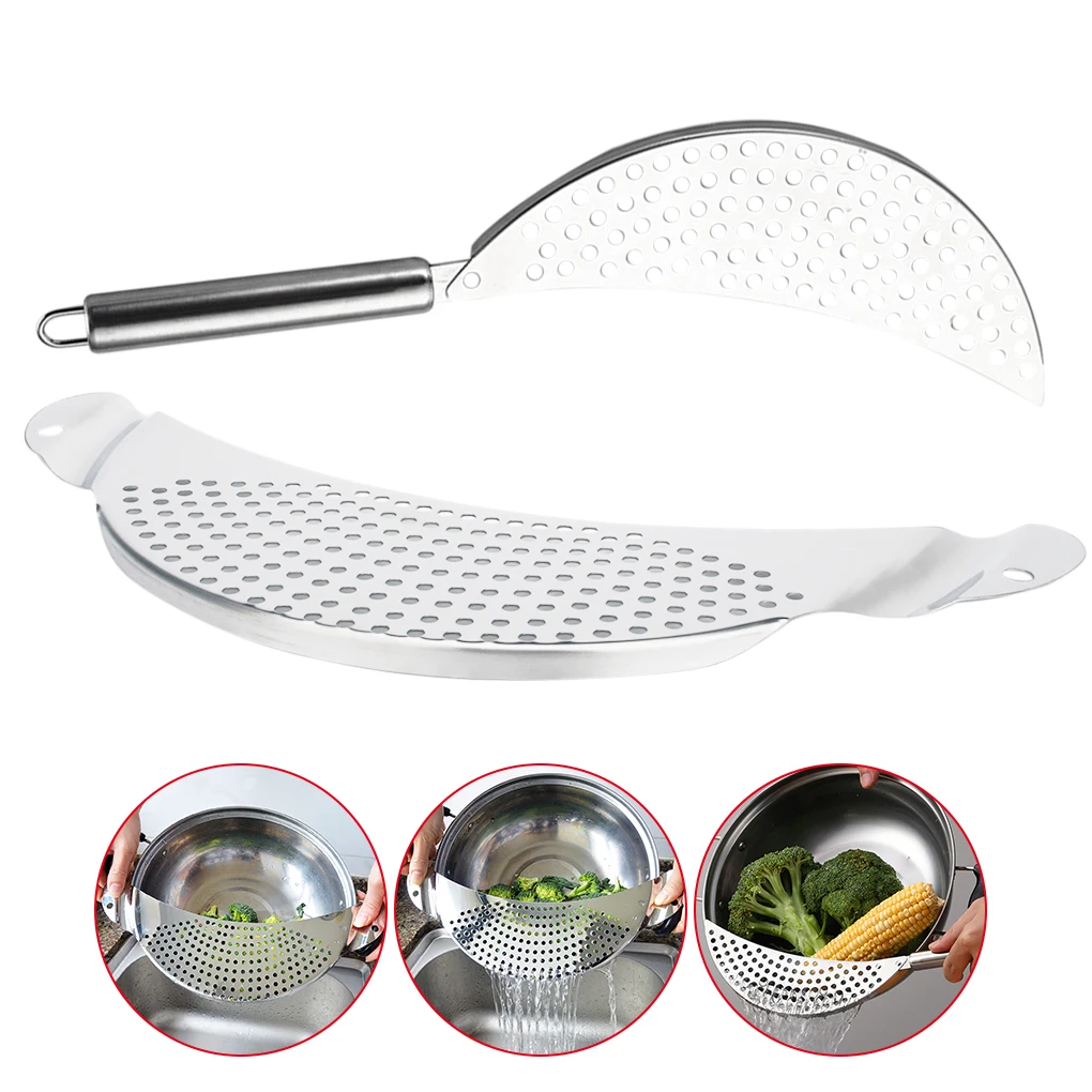 

2 Pcs/set Pot Crescent Strainer Home Restaurant Kitchen Pan Pot Pasta Water Oil Filter Strainer Stainless Steel Pot Strainer