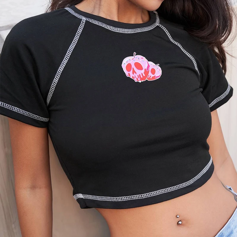 

Streetwear Pink Skull Print Harajuku Vintage 90s Punk Fashion Short Crop Navel Sexy Women's Clothing Top T-shirt Casual Y2K Size