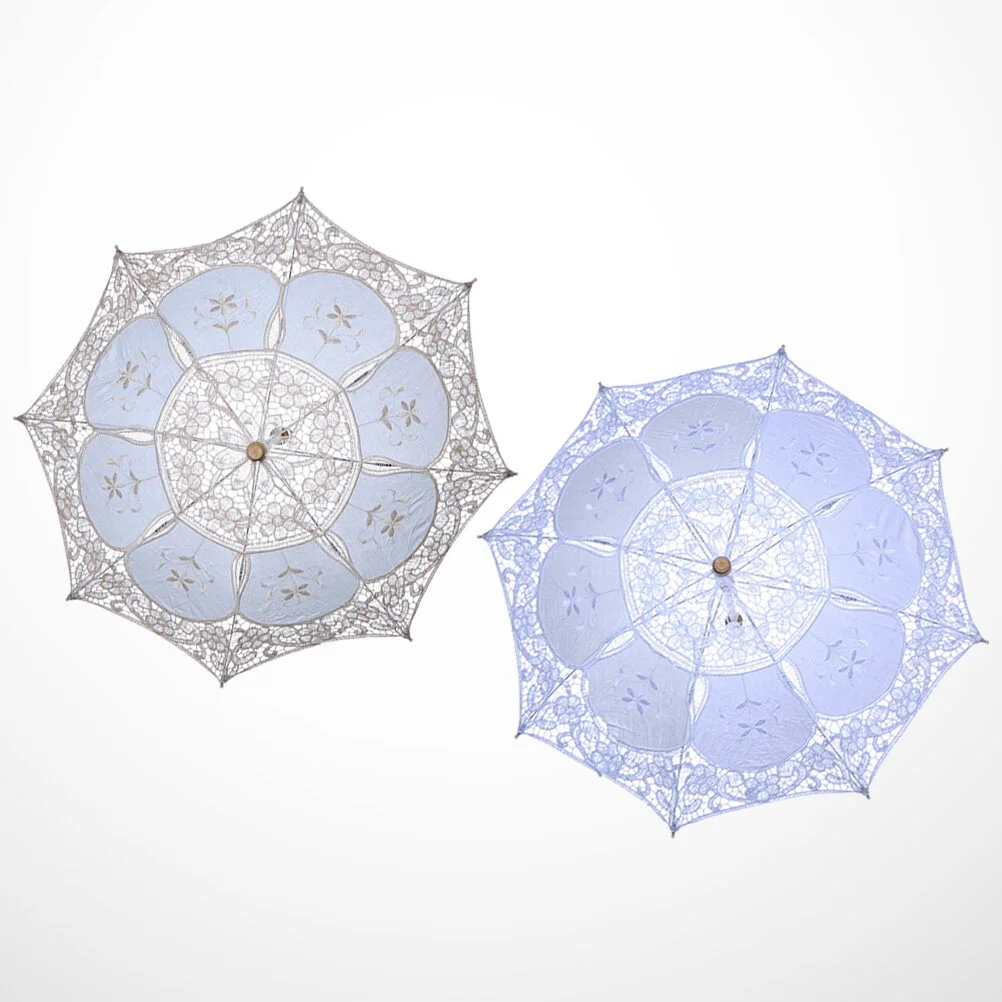 

2pcs Lace Umbrella Handmade Cotton Craft Photography Prop Wedding Umbrella Decor Diameter 30cm (White, Beige)