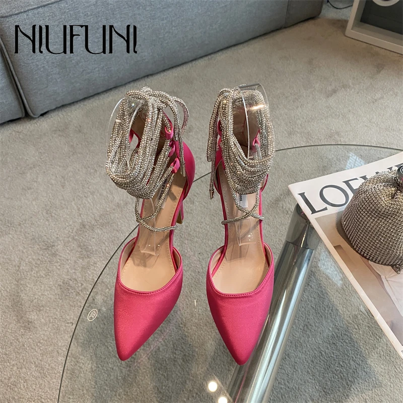 

NIUFUNI Summer Pointed Rhinestone Cross Ankle Strap Silk Women's Sandals Stiletto Solid Color Fashion Gladiator Shoes For Women