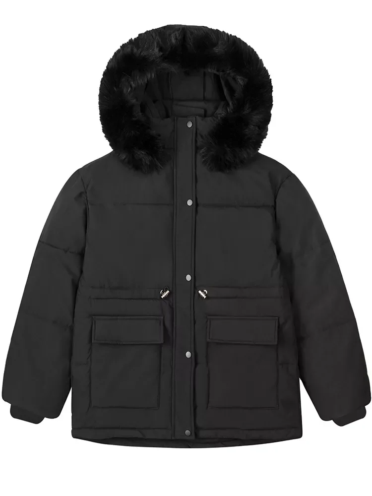 

GCAROL New Winter Women Short Cotton-padded Jacket Slim Drawstring Waist Detachable Faux Fur Hooded Coat Warm Loose Outwear 2XL