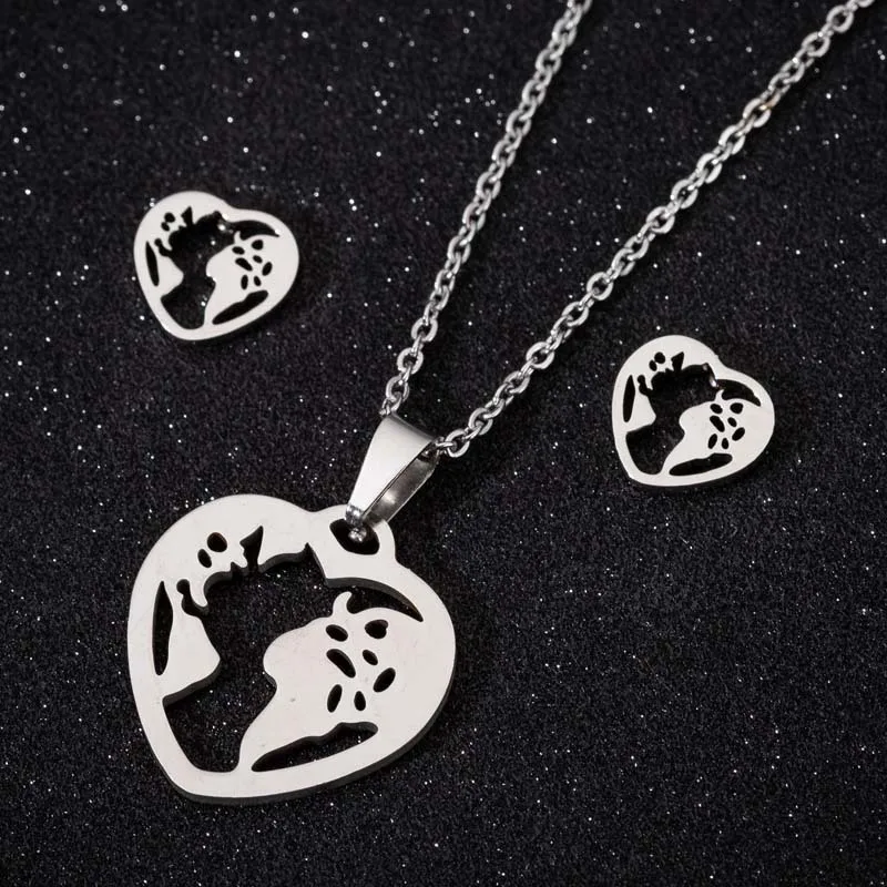 

TULX Stainless Steel World Map Necklace For Women Simple Heart Shape Necklace Earrings Vintage Globetrotter Earth Jewelry Set