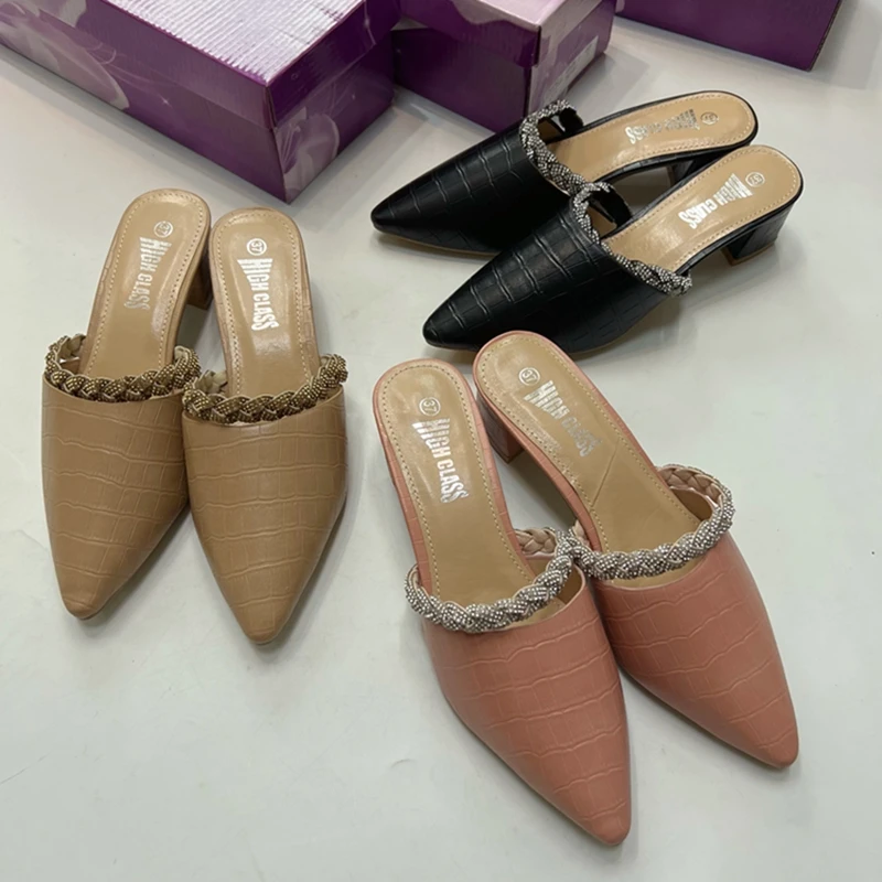 

Flat Shoes Female Cover Toe Ladies' Slippers Square heel Loafers Med Glitter Slides Block Girl Jelly Scandals Crystal Hoof Heels