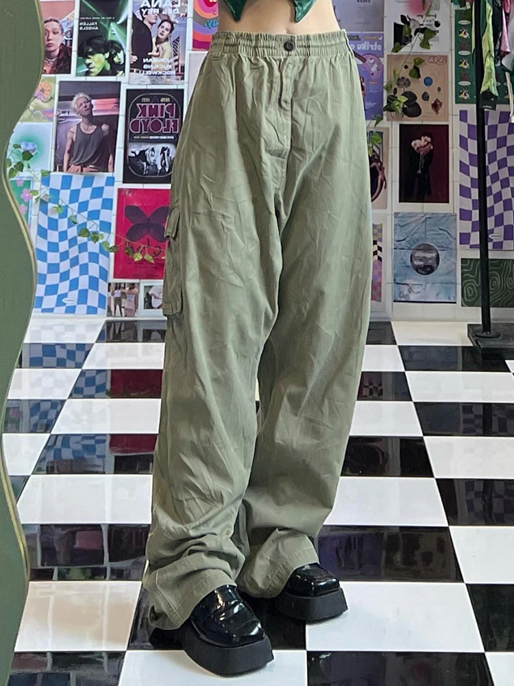 

Зеленые винтажные мешковатые брюки HEYounGIRL с эластичным поясом, модная женская уличная одежда, повседневные Летние широкие брюки, корейские ...
