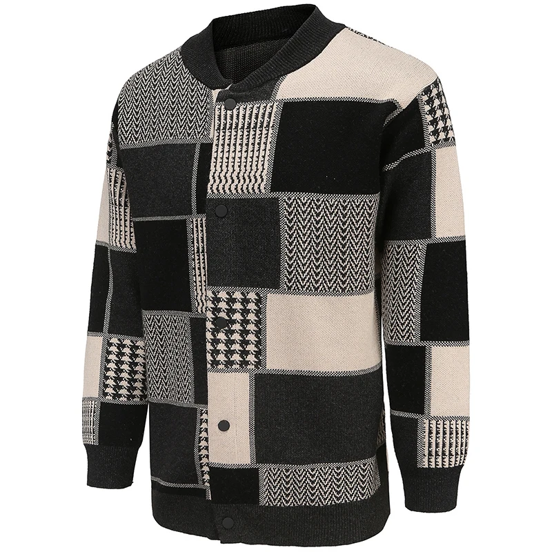 

2022 Autumn Winter New Men's Patchwork Stand Collar Single Breasted Loose Retro Warm Long Sleeve Men's Sweater Coat Clothes Man