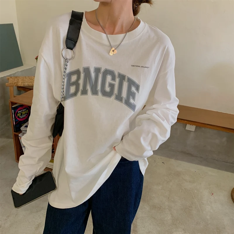 

harajuku letter printed T-shirt All-match oversized t shirt for Woman Casual full Sleeve O-Neck white black tops women clothing