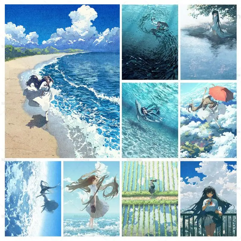 

Full Diamond Mosaic DIY Diamond Painting Anime Girl Sea Beach Sky Landscape Picture Diamond Embroidery Cross Stitch Home Decor
