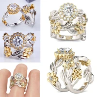 2 pcsset luxury two tone flower floral leaves inlaid crystal rhinestone zircon metal ring set for women party jewelry