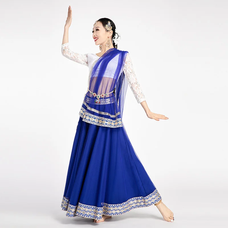 Индийские танцевальные костюмы белая кружевная юбка с длинным рукавом из синей