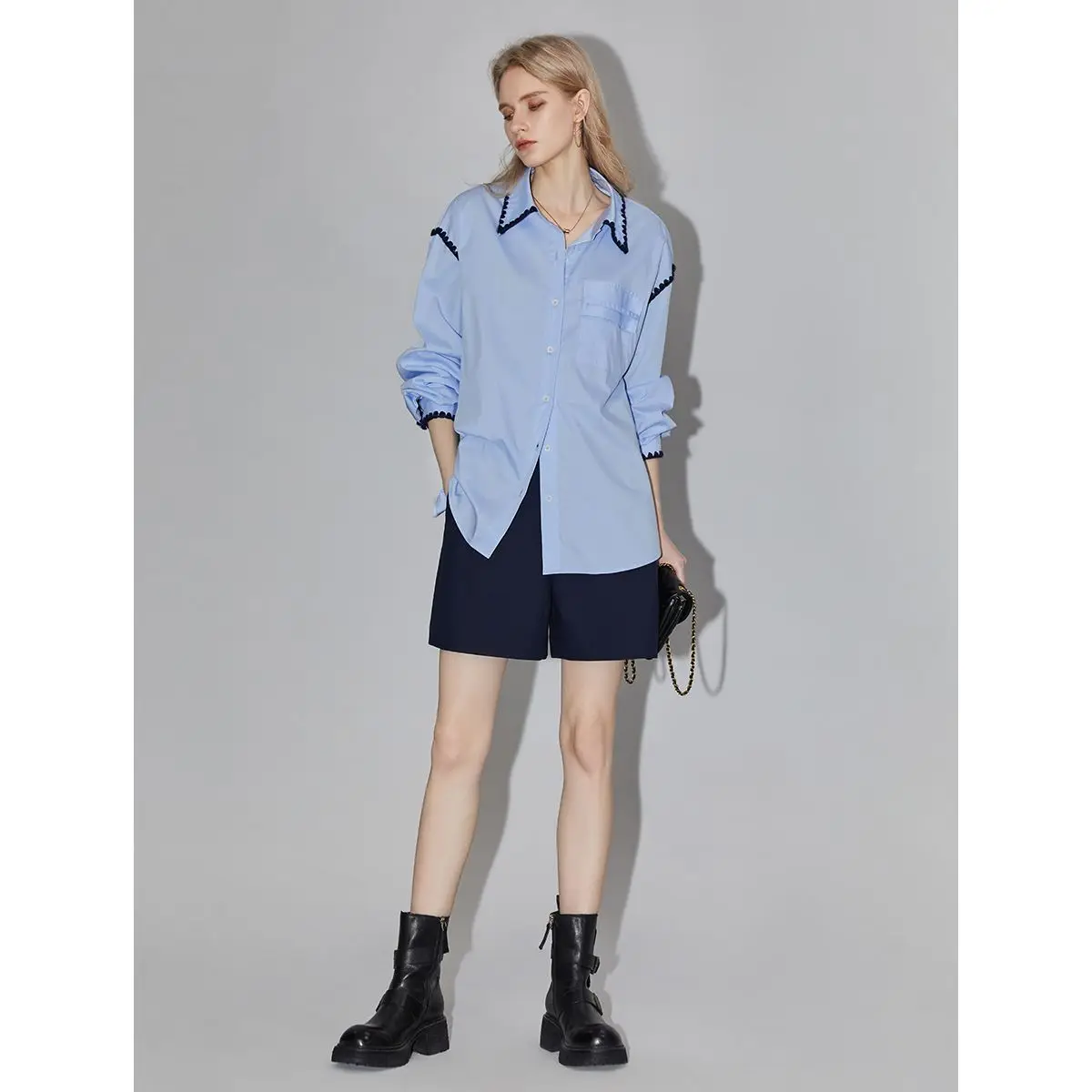 Художественная Удобная синяя рубашка с вышивкой в виде ракушки для женщин