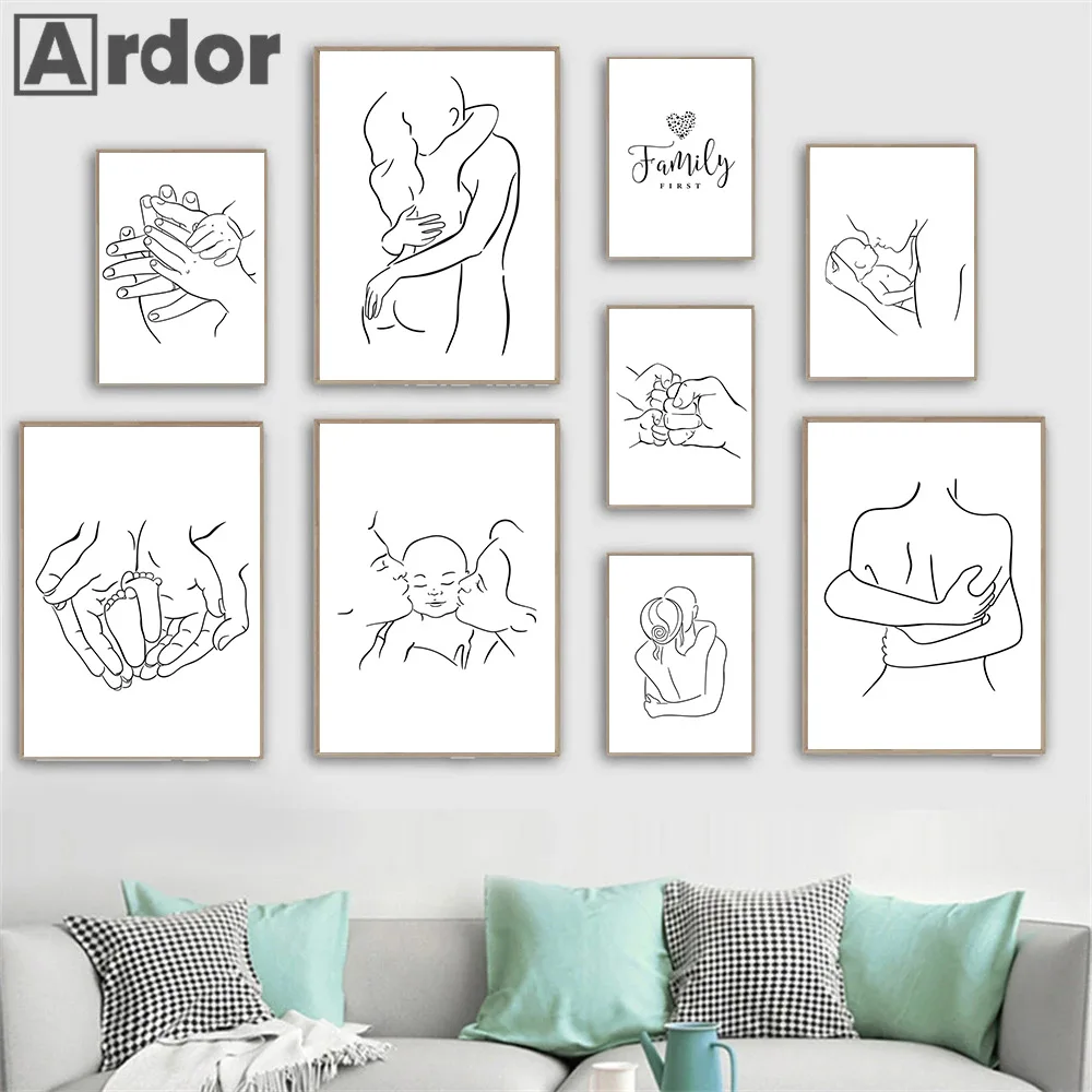 

Family Portrait Print Mom Baby Art Painting Abstract Hands Wall Art Prints Line Drawing Poster Wall Pictures Living Room Decor