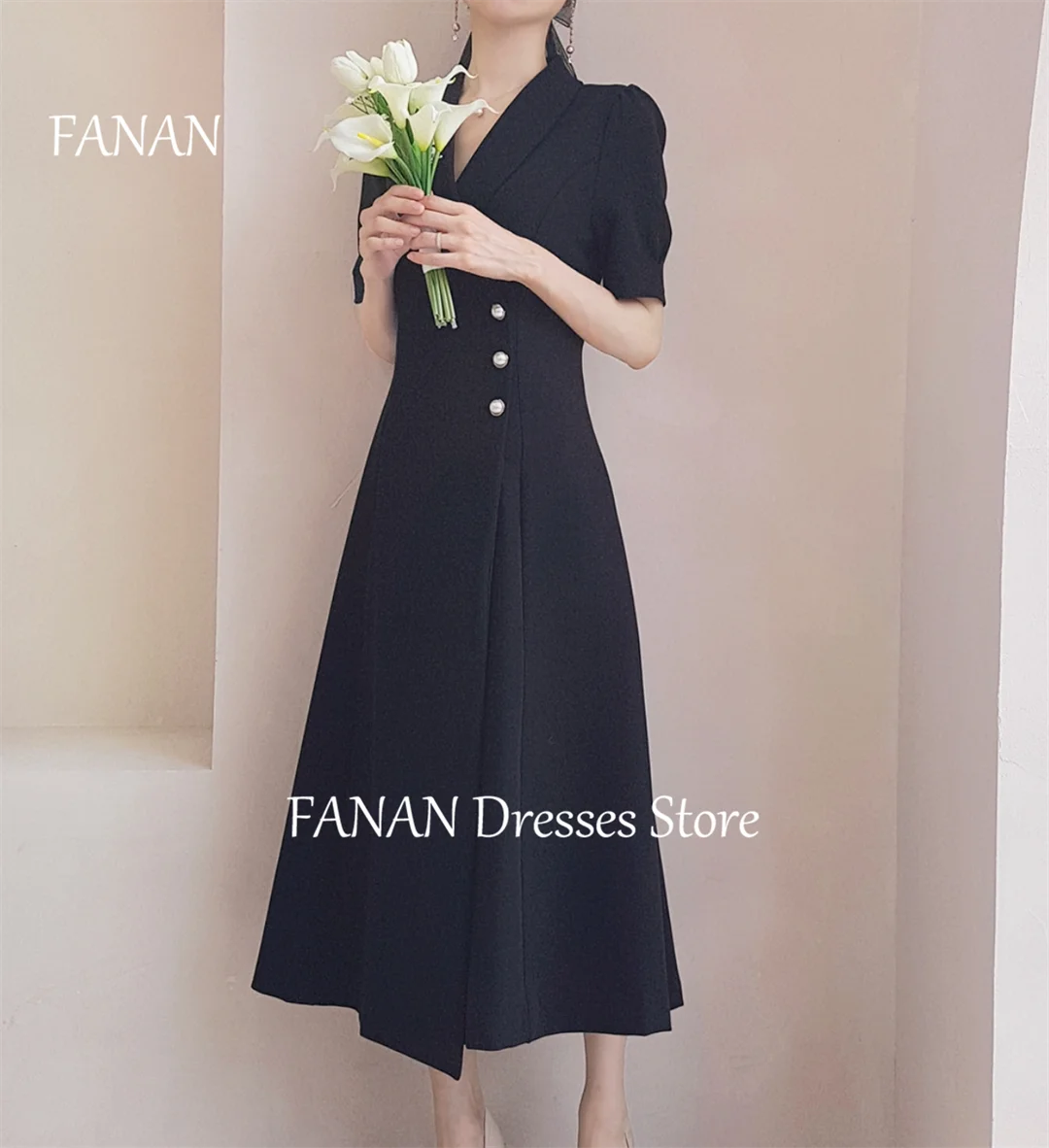 Фото FANAN с v-образным вырезом и короткими рукавами, простые вечерние платья, винтажные корейские черные свадебные женские платья, платья для выпускного вечера по индивидуальному заказу №4