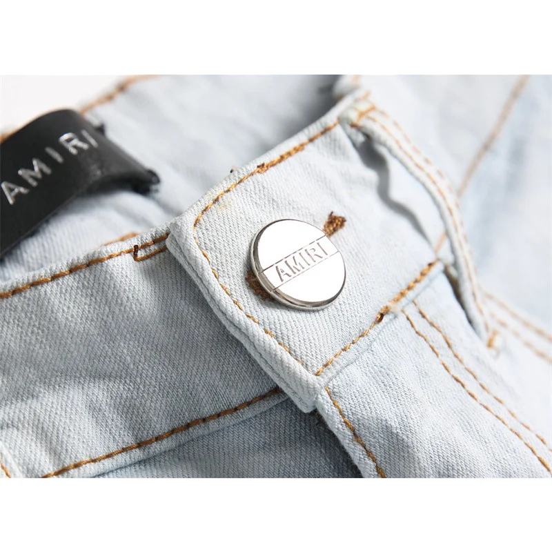 Streetwear Men Punk Vintage Blue Ripped Self-cultivation Jeans Elastic Force Printing and Dyeing Pencil Pants Female 2022 Autumn