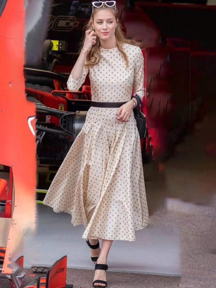 

High Street New Women's Summer Vacation Vintage Fashion High Quality Elegant Celebrity Casual Short Sleeves Dot Print Midi Dress