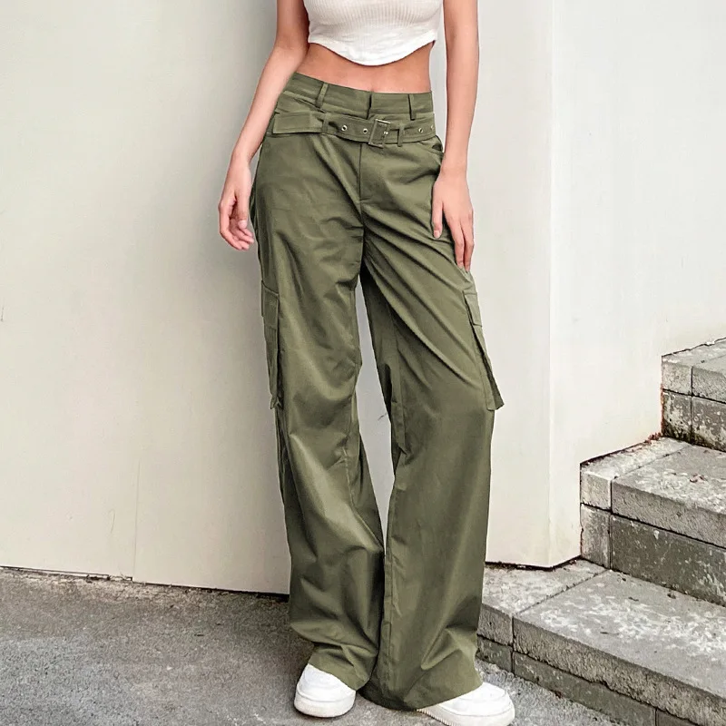 

Y2k Fashion Women\u2019s Straight Casual Cargo Pants Solid Color Pockets Stitching High Waist Trousers with Belt High Streetwear