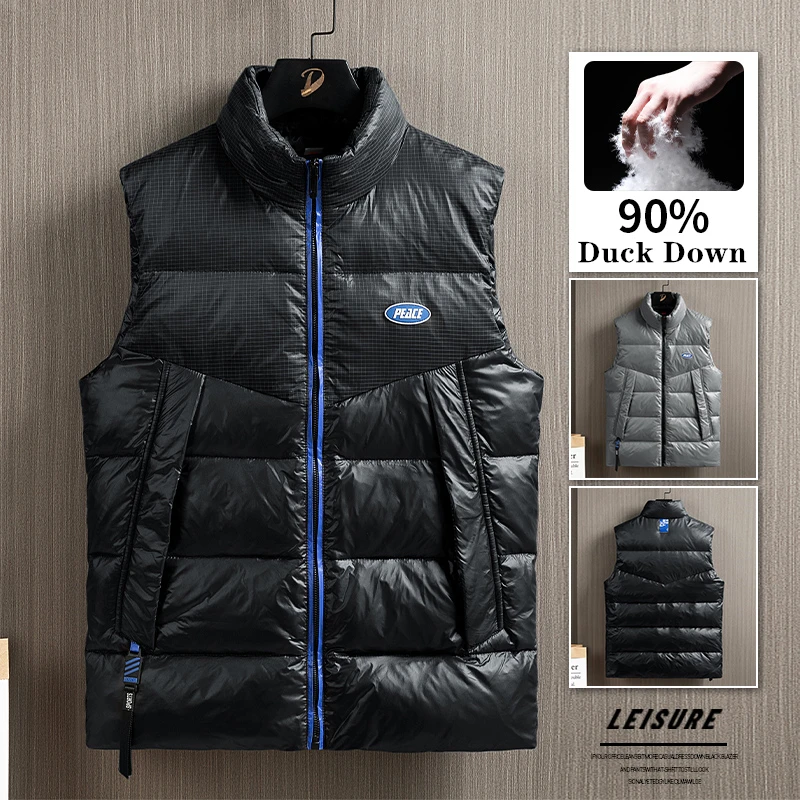 Winter Down Vests Men Stand Collar 90% Duck Down Vests Zipper Fly Warm Sleeveless Waistcoat Solid Homme Parkas Men Clothing