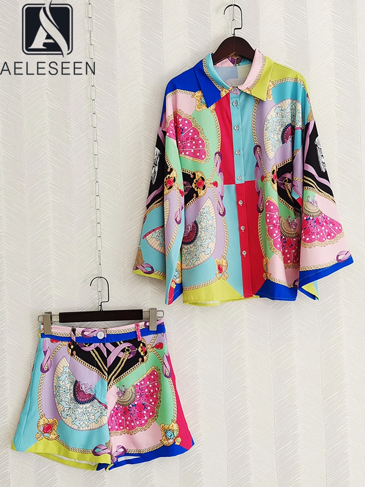 

AELESEEN Spring Summer Runway Fashion Set 2023 Women Ethnic Contrast Color Print Blouse+ Shorts Casual Holiday 2 Pieces Set