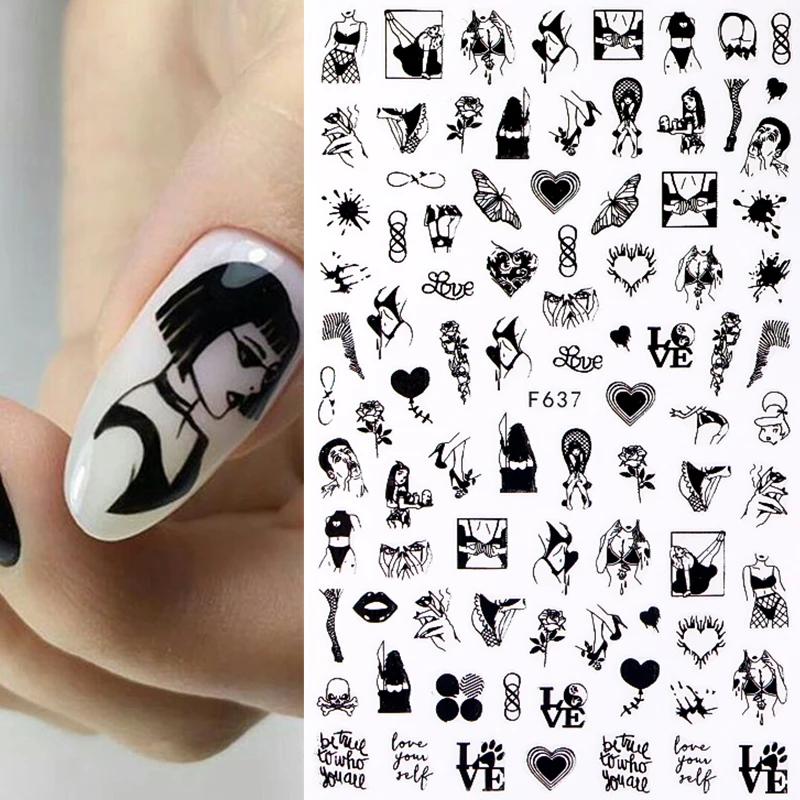 

1PC Sexy Lady Shaped 3D Nail Stickers Character Face Image Leaves Flower Decals Slider Black White DIY Nail Art Decorarion