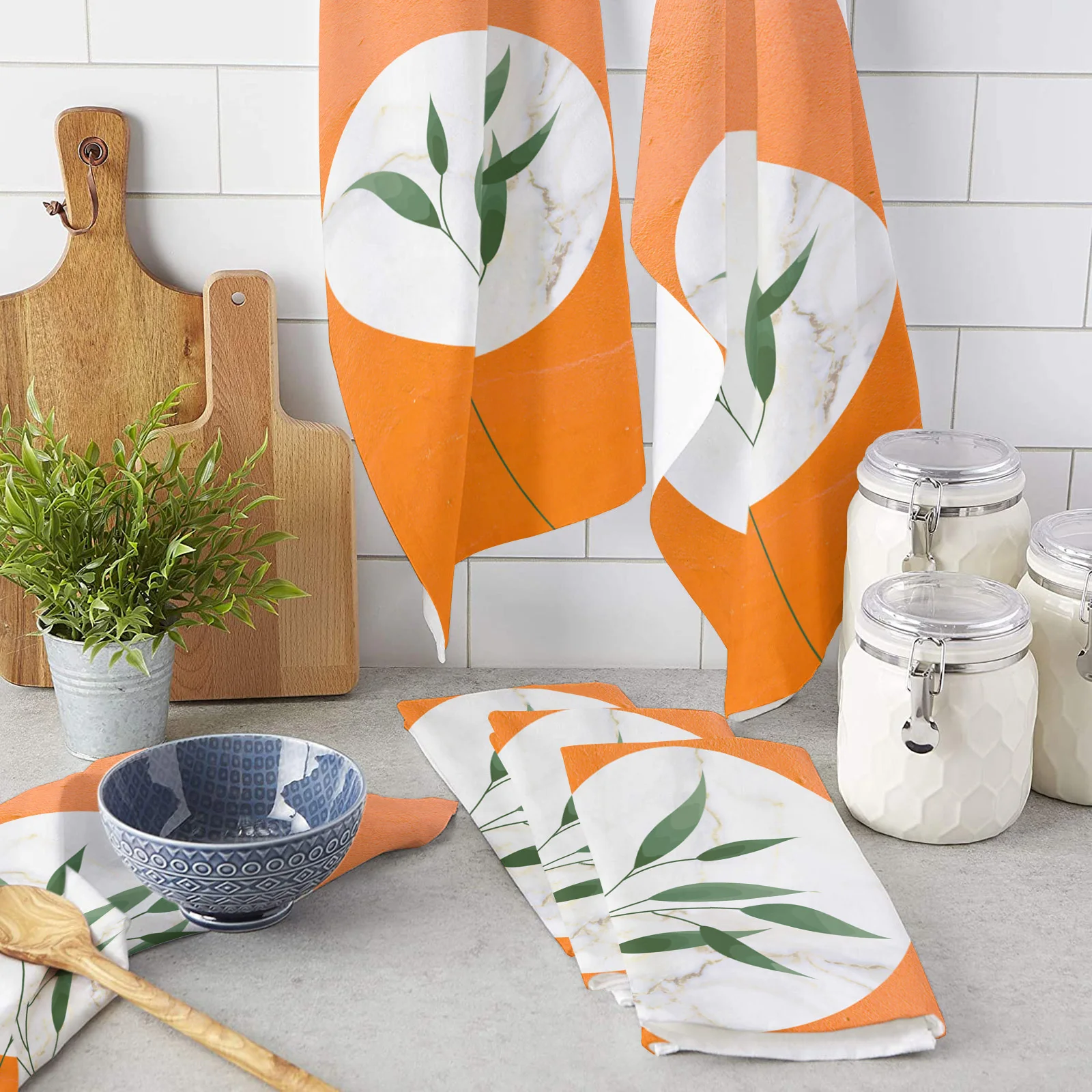 

Orange Marble Summer Leaves Hand Towels Dishcloth Utensils for Kitchen Microfiber Cleaning Cloths Household Wipe Towel