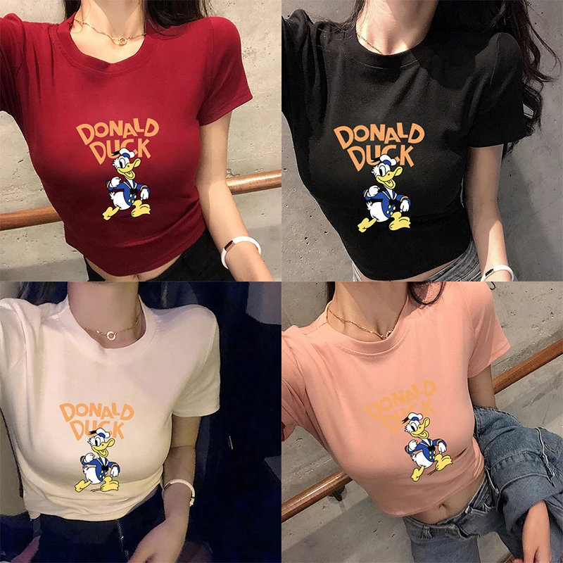 

Женская летняя футболка с коротким рукавом, открытым пупком и принтом Микки Мауса