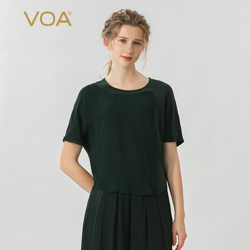 

VOA 40 Momme Mulberry Silk Dark Green Round Neck Woman Tshirts Stitched Georgette Silk Rounded Hem Loose Silk T-shirt BE1125