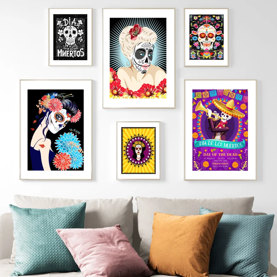 Мексиканский сахарный череп день мертвых Катрина настенная Картина на холсте