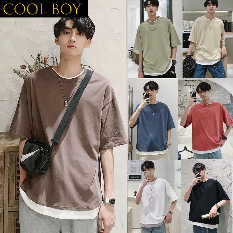 

J GIRLS Men 5 Quarter Sleeve T-shirts Plus Size Patchwork All-match Harajuku Streetwear Casual New Ulzzang Daily Loose Blue