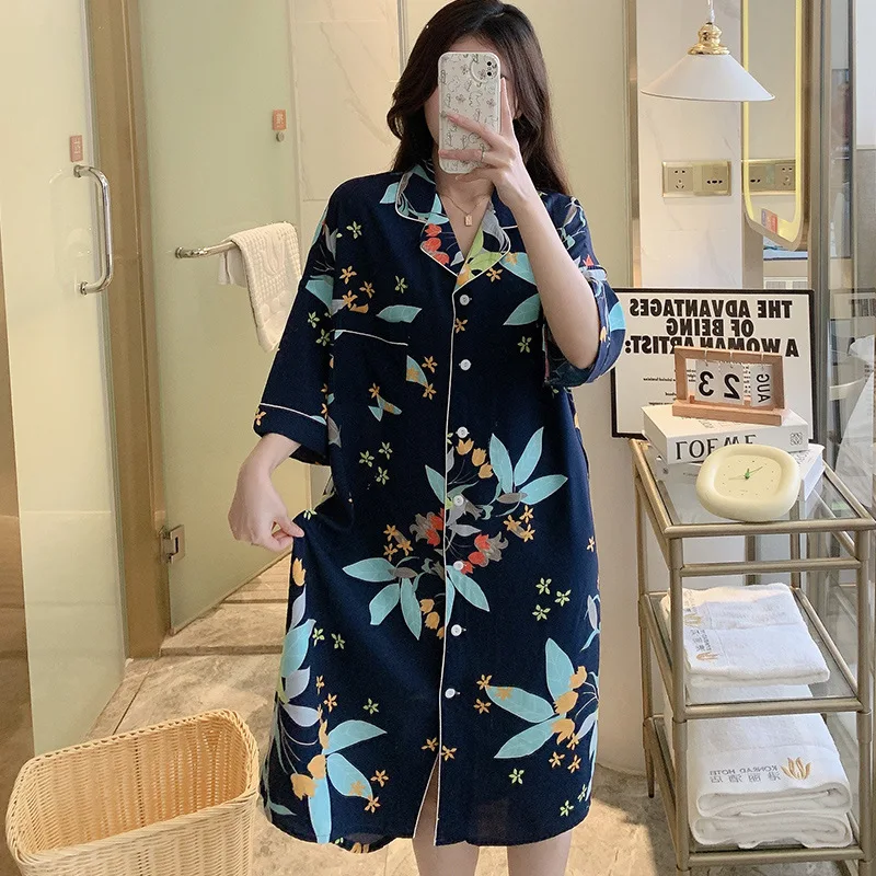 Women's Summer Thin Turn-Down Collar Shirt Dress Pajamas Fresh Printing Three Guarter Sleeve Cotton Luxury Designer Clothing