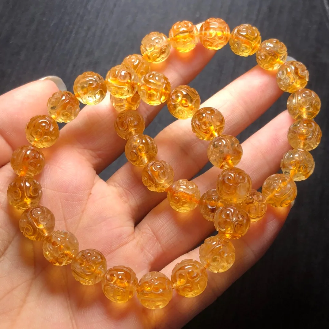 

1 Pc Fengbaowu Natural Citrine Engrave Fret Pattern Bead Bracelet Crystal Reiki Healing Stone Jewelry Gift Women