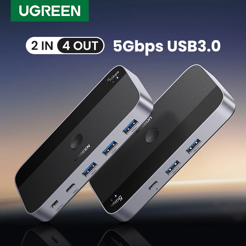 KVM-переключатель UGREEN USB 3,0, квм-переключатель для ПК, клавиатуры, мыши, принтера, 2 шт., совместное использование 4 устройств, USB-переключатель