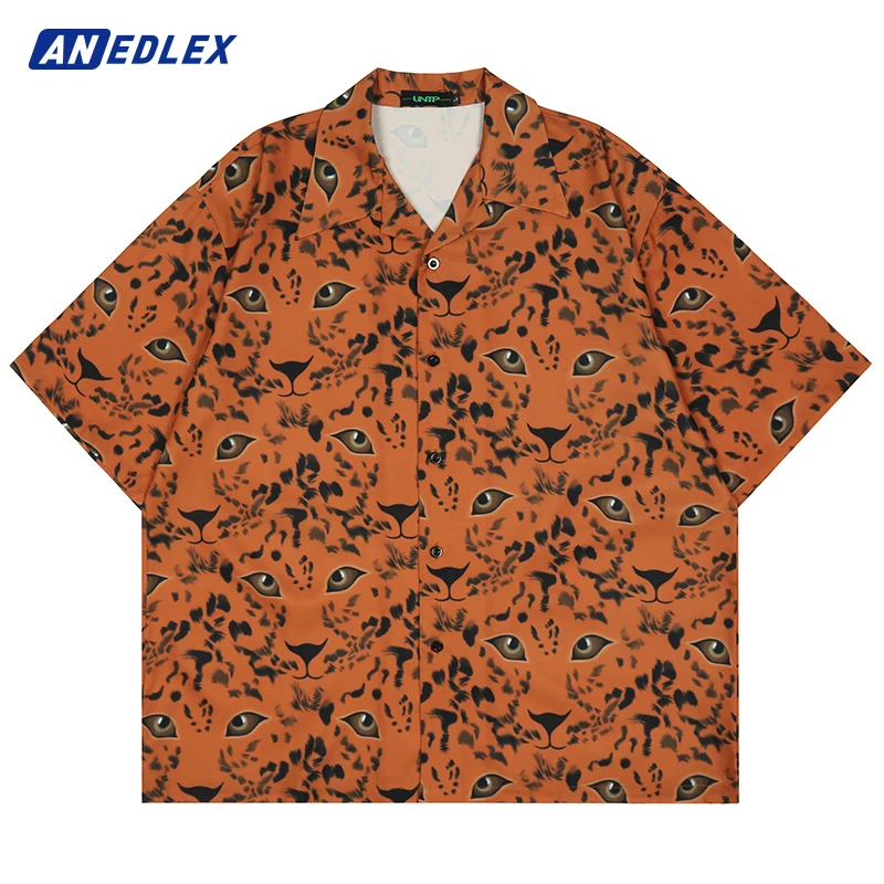 

Гавайская рубашка мужская с коротким рукавом, Пляжная блуза с принтом леопардовых глаз, уличная одежда, Свободный Топ в стиле Харадзюку, Ало...