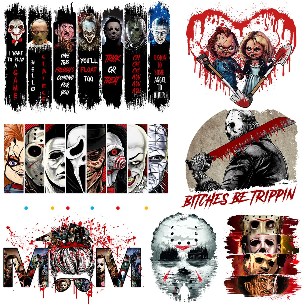

Halloween Horror MoVie Killers Iron On Transfers Sticker Patch For Clothes T-shirt Jacket Thermal StickerS Scary Squad Patches