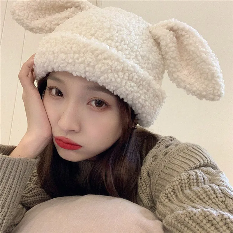 

Draping Rabbit Ears Cashmere Hat Women Autumn And Winter Knitted Wool Hat Winter Thicken Warm Korean Version Of Japanese Hat