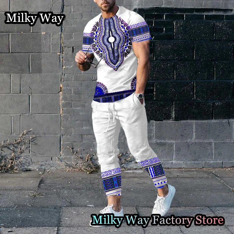 Men T-Shirt Trousers Set Summer Vintage Tracksuit Male Outfit 2 Pieces Casual Streetwear Suit African Totem Printing Clothing